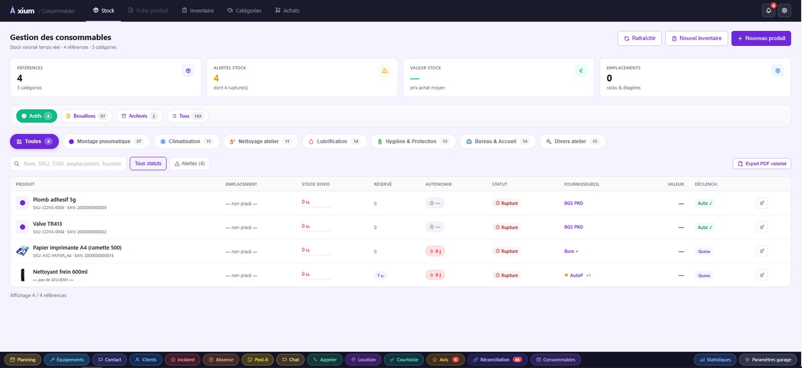 L'écran de gestion des consommables dans Axium : stock valorisé en temps réel, alertes de rupture, catégories (montage pneumatique, climatisation, nettoyage atelier, lubrification, hygiène), et pour chaque produit son SKU, son emplacement, son stock disponible, son autonomie et ses fournisseurs