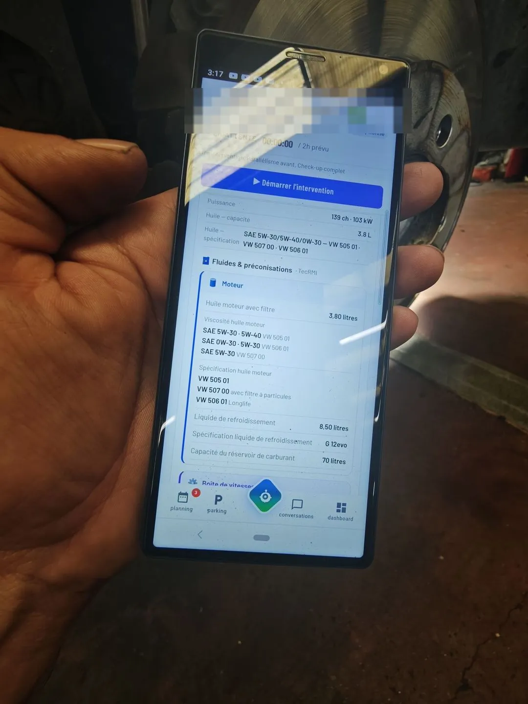 Préconisations fluides TecRMI sur l'application technicien Axium : huile moteur, viscosités, liquide de refroidissement